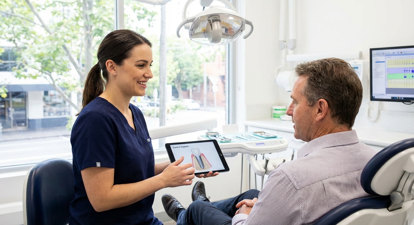 Dentist consultation discussing dental implant treatment plan in clinic