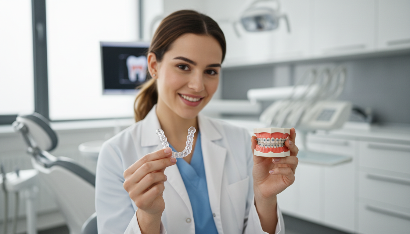 Woman comparing clear braces aligners with traditional metal braces in a modern dental office consultation room