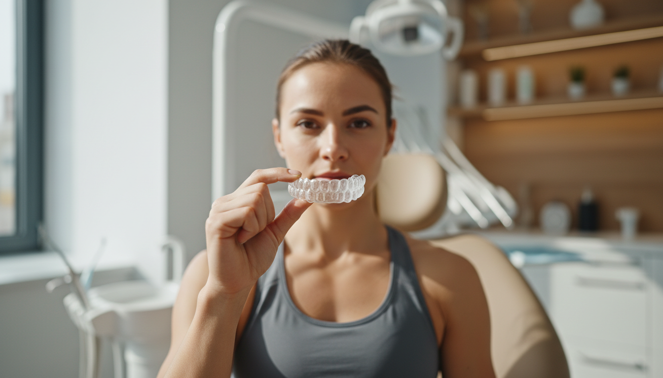 Young female athlete holding a clear custom mouthguard in a modern dental clinic, demonstrating superior protection for sports activities