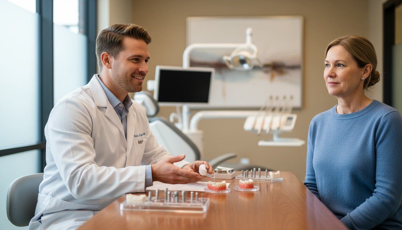 Dentist consulting with patient about denture implants and various denture options in a modern Knox City dental clinic