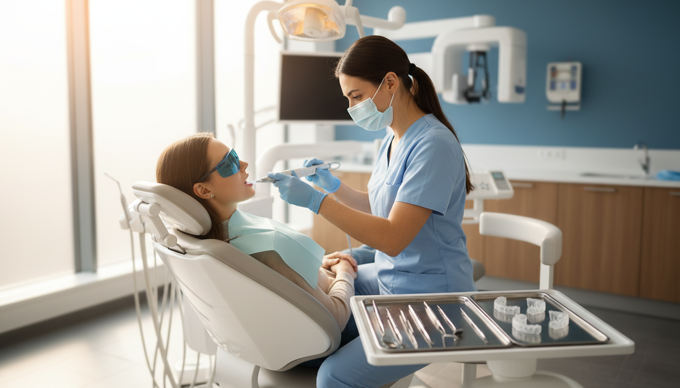 Patient receiving professional teeth whitening treatment in a modern dental clinic with natural lighting and contemporary equipment