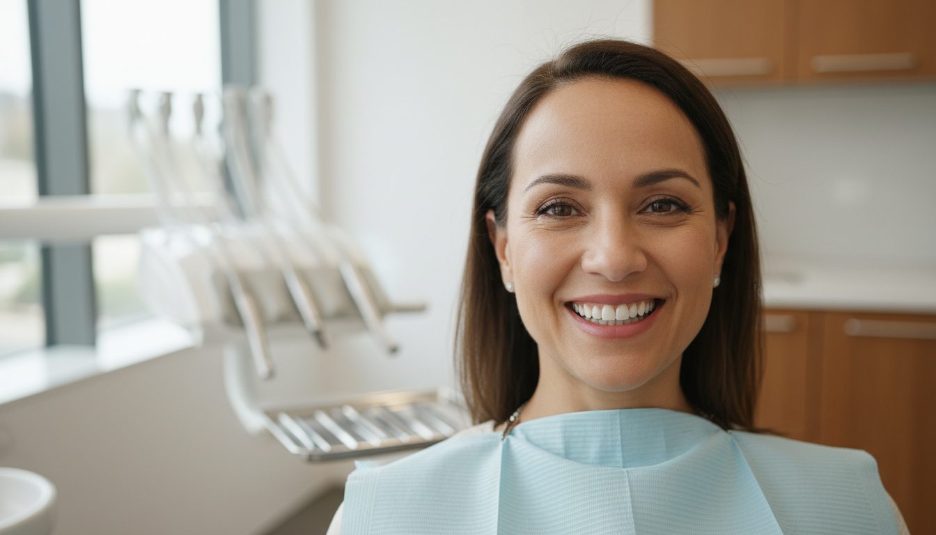 Happy patient smiling in modern Melbourne dental clinic after successful dental implants treatment, showing natural-looking results