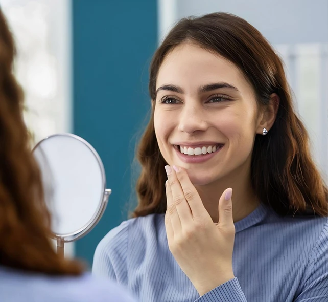 Smiling woman in a blue shirt touches her chin while looking into a round mirror