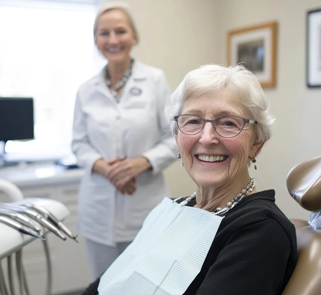 Elderly woman with glasses smiles in a dental chair, wearing a bib. Dentist in a white coat stands in the background, creating a welcoming atmosphere.